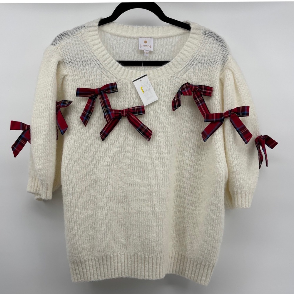 J. Marie Cream Plaid Bow Short Sleeve Sweater XL White Holiday Coquette JM5233-D